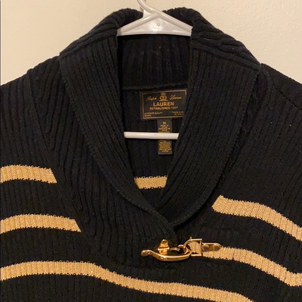 LAUREN Ralph Lauren striped cowl split neck sweater with linked clasp front - Picture 3 of 5